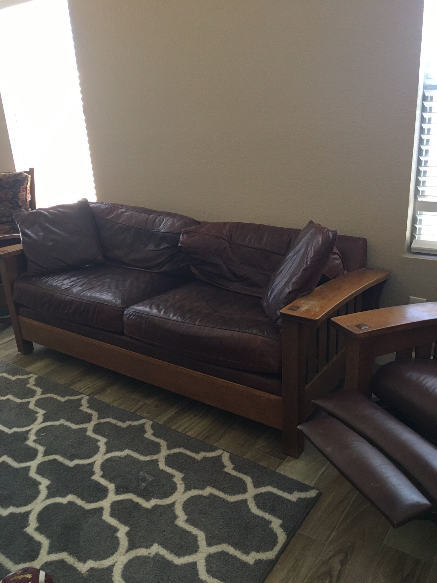 Solid wood leather couch recliner set