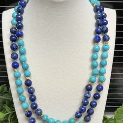 Natural 8 Mm Blue Lapis Lazuli And Turquoise Round Gemstone 36 Inch Necklace