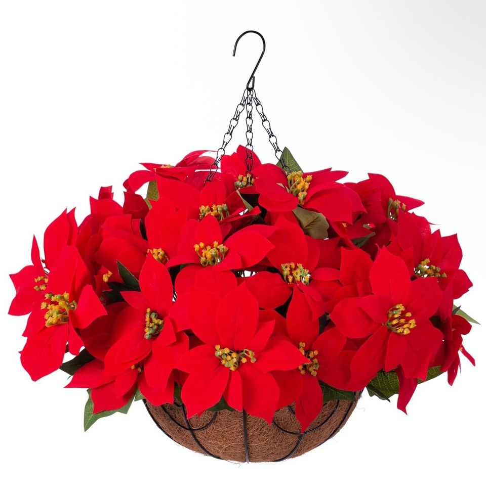 Open Box Ammyoo Artificial Christmas Poinsettia Flowers Hanging Basket for Outdoor Decoration, Fake Silk Christmas Flowers Plant Pot Planter for Garde