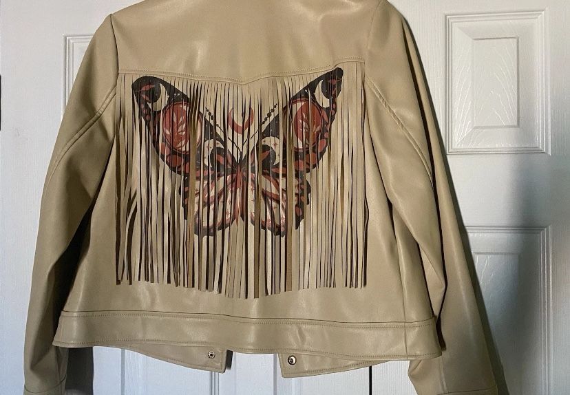 G by Guiliana Faux Leather Fringe Jacket Butterfly Image Back western country M