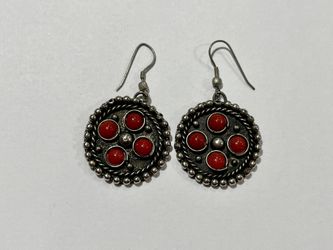 Indian Tibetan Design Metal Circle Earrings Red Plastic stones