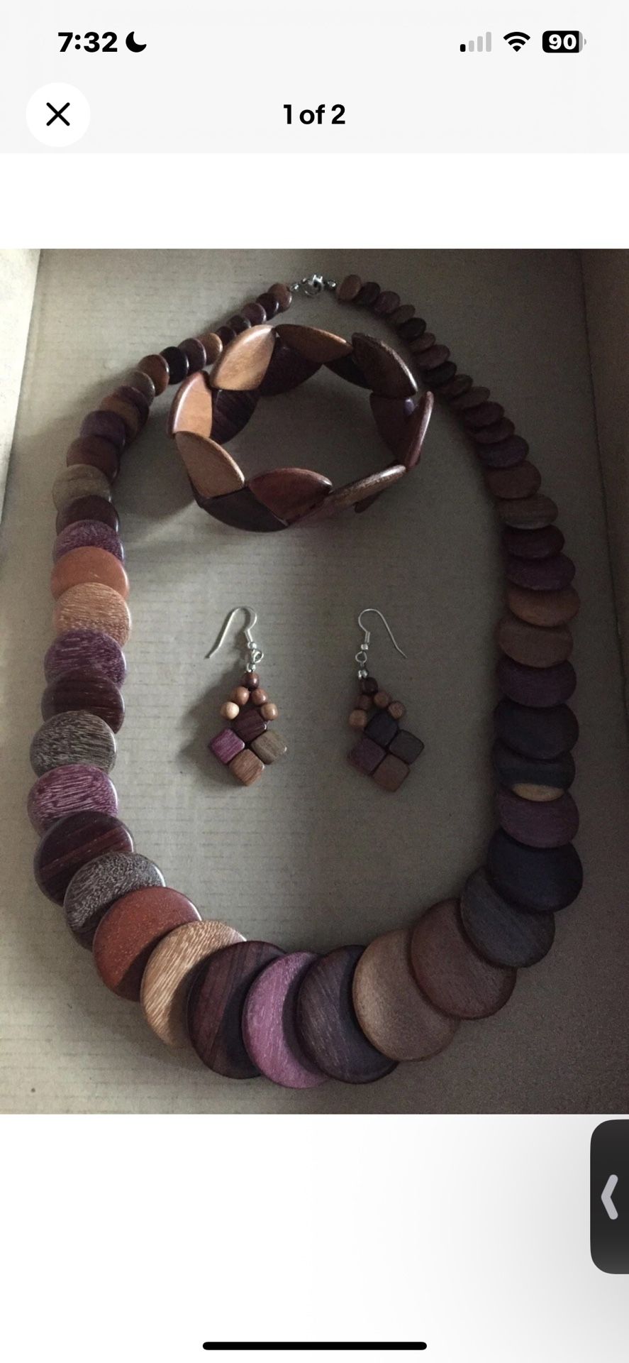 20” Wooden necklace, bracelet and earrings set.