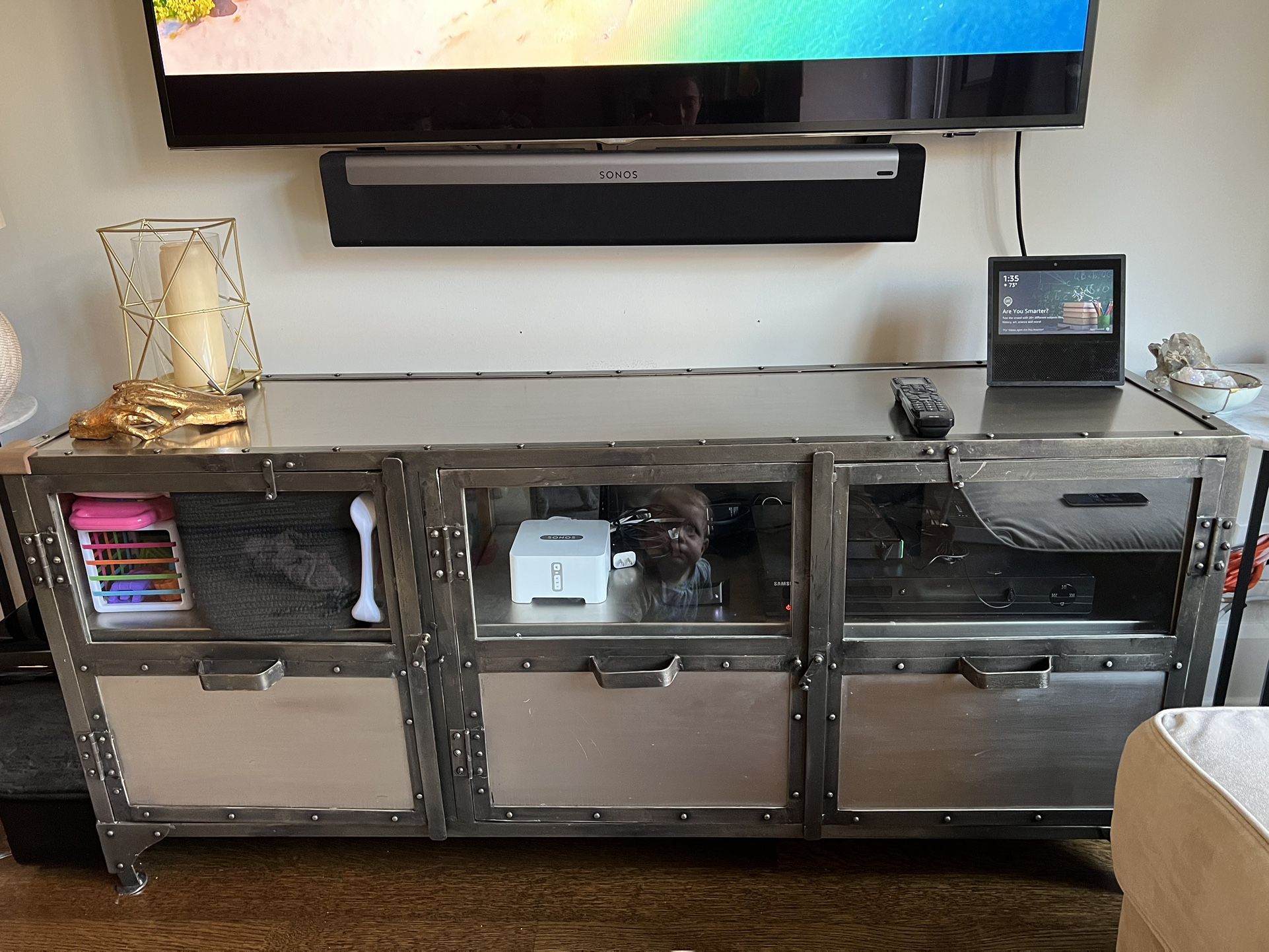 Jayson Home Media Console - Industrial With Class Doors And Two Shelves.