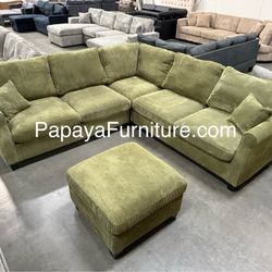 New! Green Sectional Sofa And Ottoman, Sage Sectional, Sectionals, Sofa, Couch, Living Room Sofa, Corduroy Sectional, Plush Sectional,Soft Plush Couch