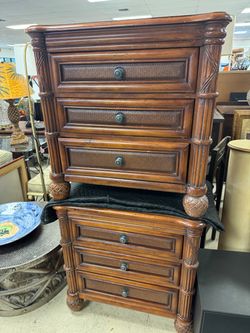 Pair of Tall Wood Chest of Drawers with Woven Panels