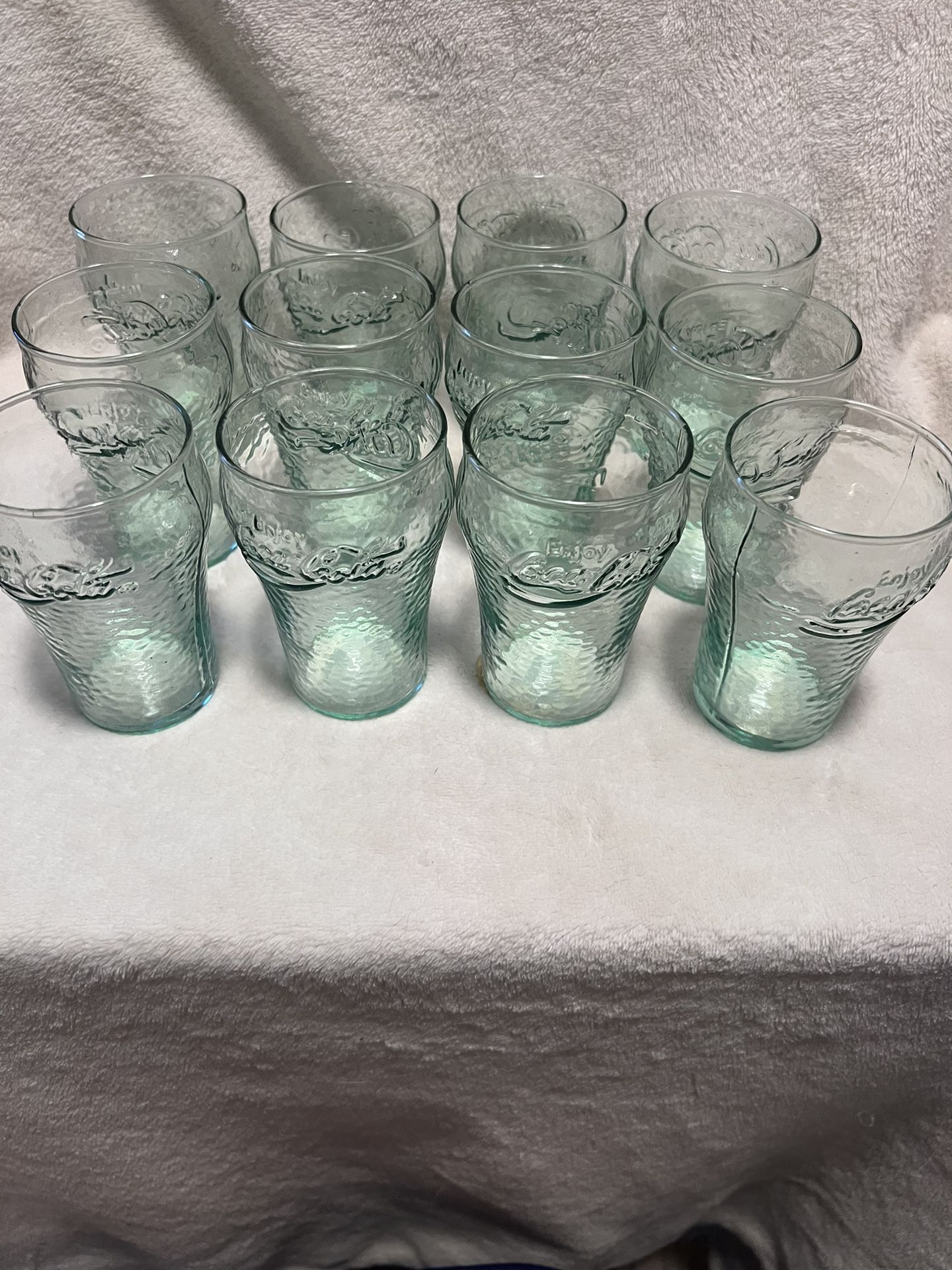 Vintage Indiana Glass Coca Coca Coke Set 12 Green Mini Glasses Tumblers