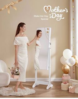 Jewelry Cabinet Armoire, Freestanding Lockable Storage Organizer Unit with 2 Plastic Cosmetic Storage, Full-Length Frameless Mirror, for Necklace Earr