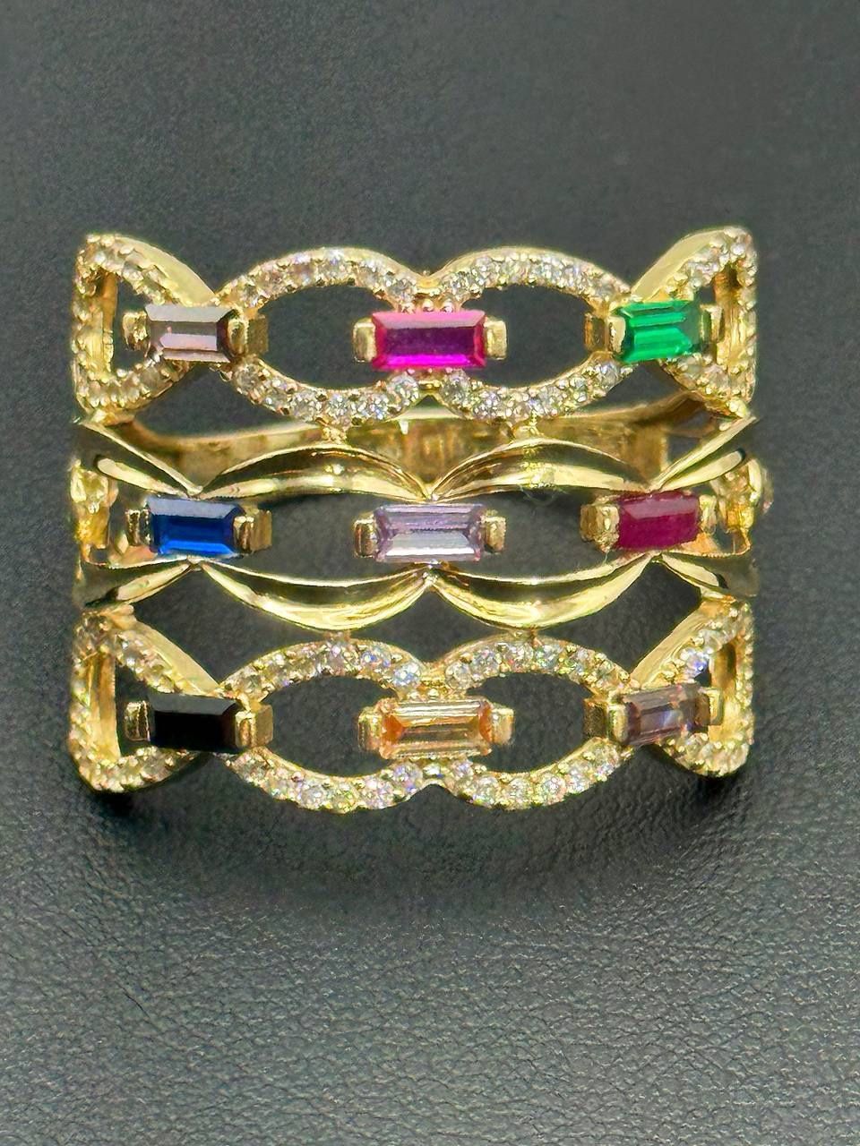 14k yellow gold Rainbow baguette multicolor gemstone Ruby Sapphire Emerald Onyx CZ ring sz11.5