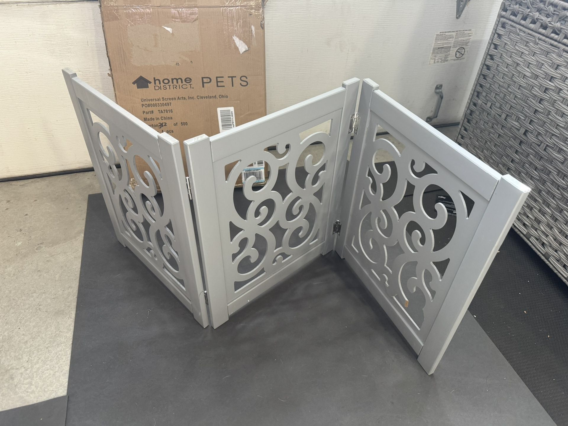 Indoor Wooden Gate - Decorative Scroll Design 47” Wide - Freestanding