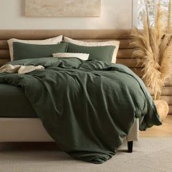 Bedsure Cotton Waffle Duvet Cover Set full size/double Olive green