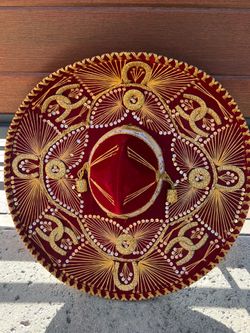 Vintage 23” Pigalle Mexican Xxxxx Sombrero Hat Mariachi Velvet Red & Gold