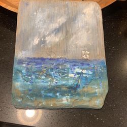 Leo Twait Signed Art Work On Wood Plank With Sailing Ship With Sea Gulls