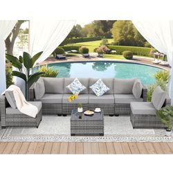 FHFO 7 Piece Outdoor Wicker Patio Furniture Set, Rattan Sectional Sofa Couch, Patio Conversation Set with Cushion & Coffee Table, for Backyard Poolsid