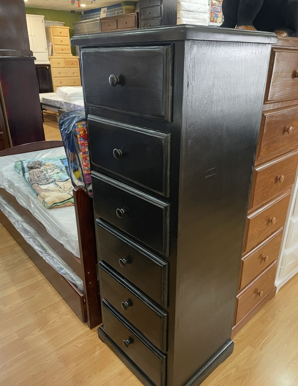Tall Black Slim/ Skinny 6 Drawer Pine Wood Solid Dresser