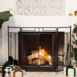 3-Panel Folding Fireplace Screen W/Magnetic Doors and 4-Pieces Fire Place Tools Set Home Steel Fire Spark Guard, Black