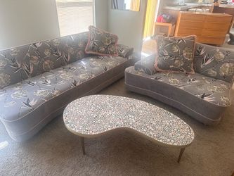 Reupholstered "Vintage 1970s Sleeper Sofa, Matching Couch and Table Set." For the description, try: "Genuine vintage 1970s hide-a-bed convertible sofa