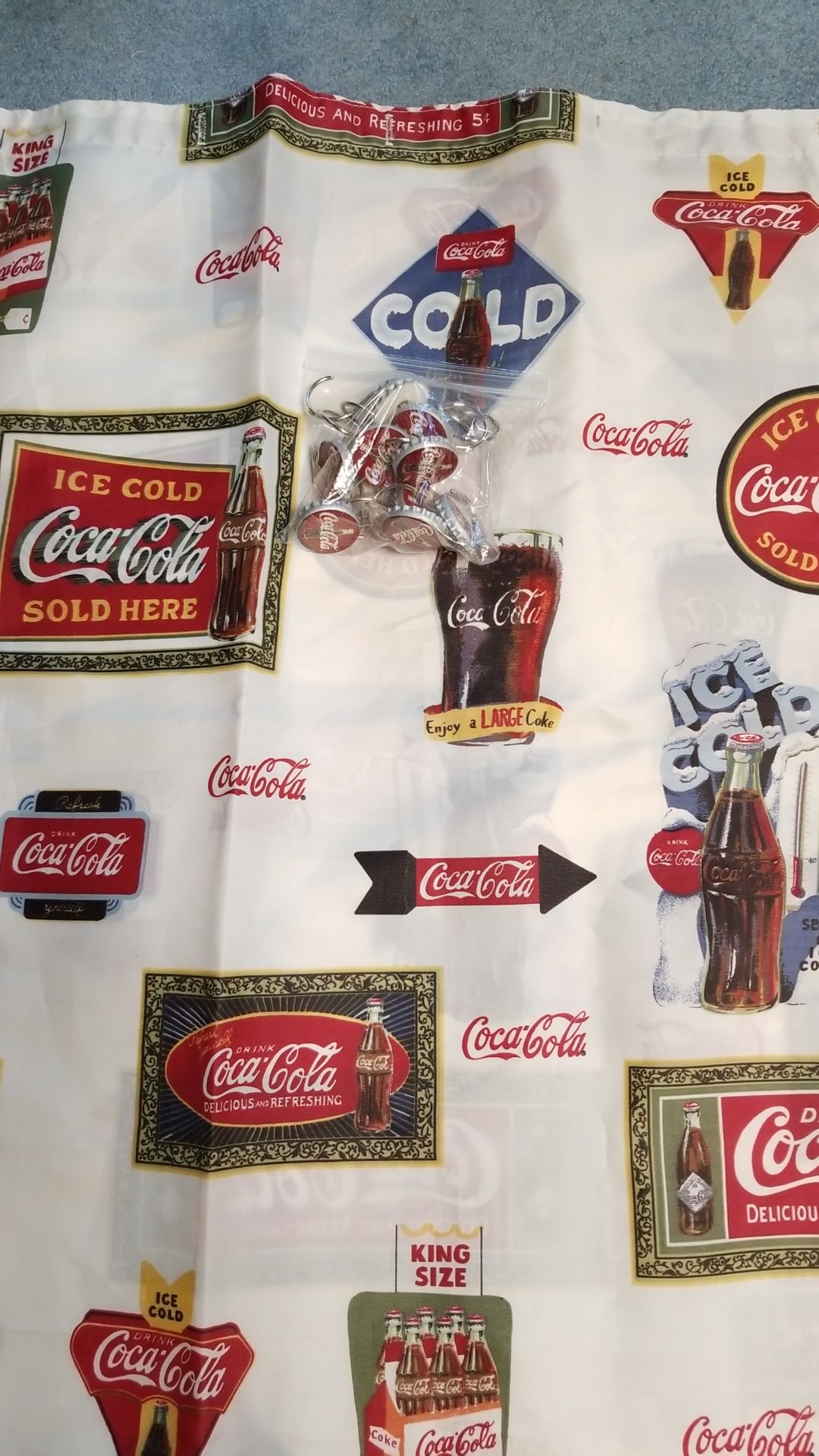 Coca Cola shower curtain with 12 Coca Cola curtain hooks