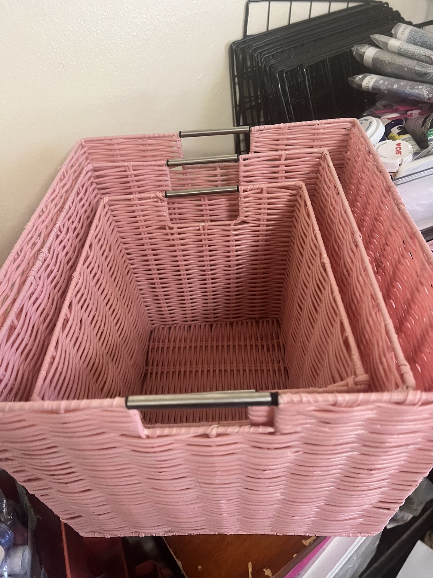 Pink Woven Strap Storage Baskets