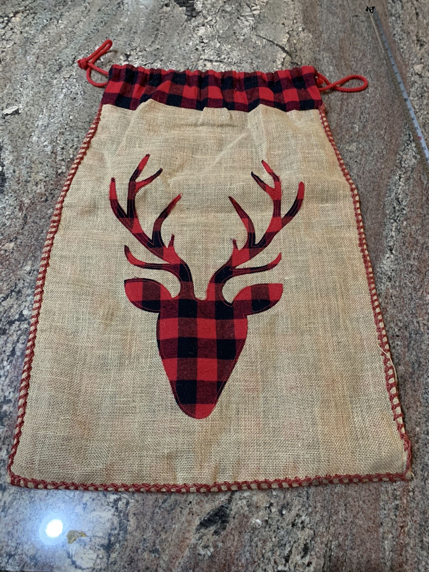 Christmas Burlap/flannel reindeer gift sack 20 inches wide and 29 inches tall Drawstring