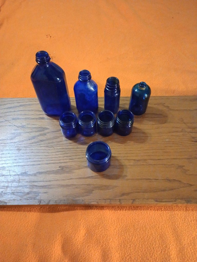 Lot Of 9 Vintage Cobalt Blue Bottles And Jars