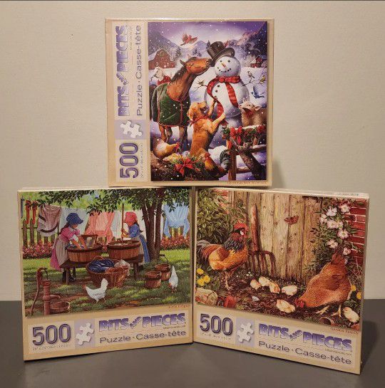 Lot Of 3 Bits & Pieces 500 Pcs Jigsaw Puzzles Little Helpers Snowman Garden