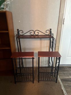 Wrought Iron and Wood Side Table Set