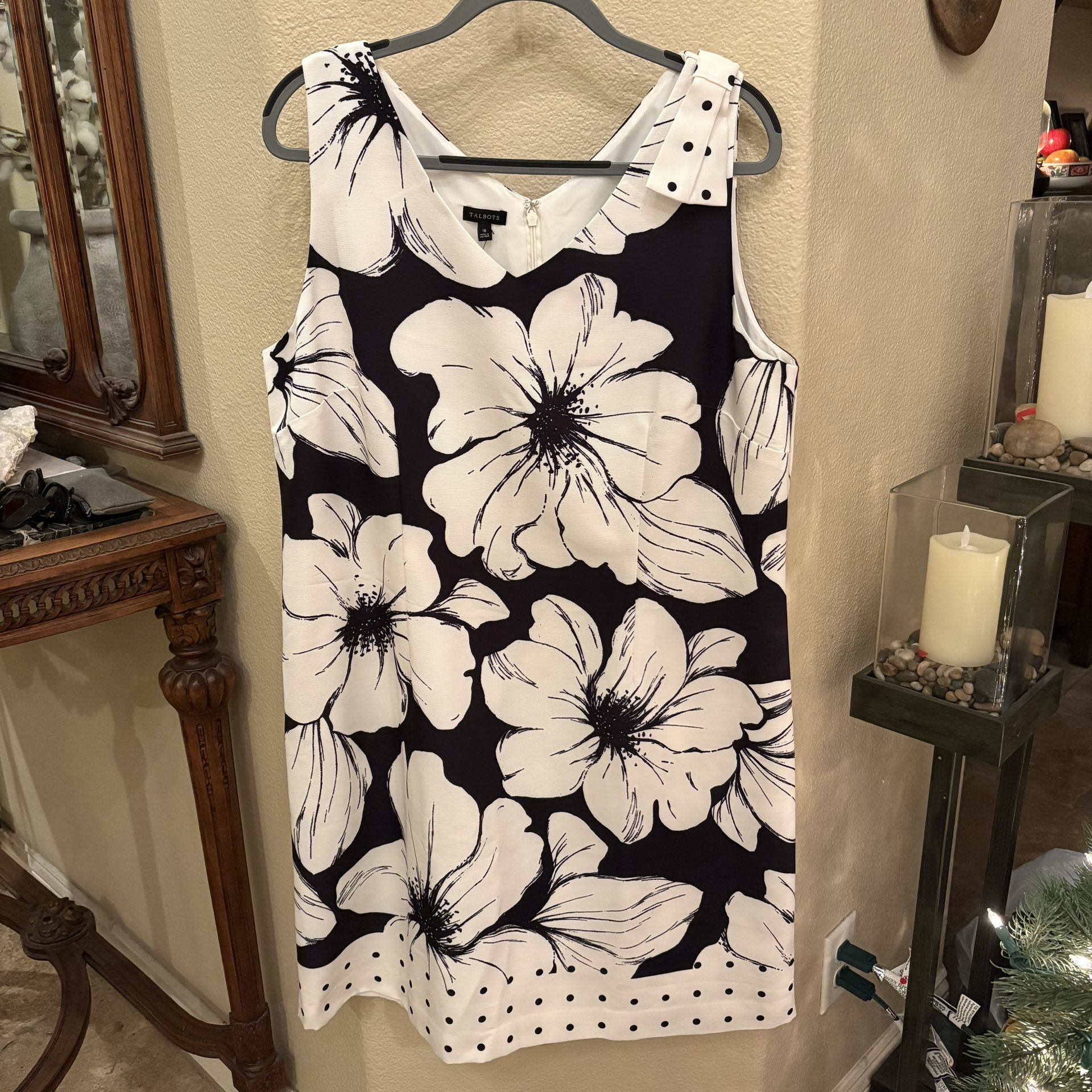 NWT~TALBOTS Women Black White Floral Print Bow Sleeveless Sheath Dress Size 18
