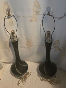 Pair of Dust Green Glass Table Lamps with Chrome USA, 1980s