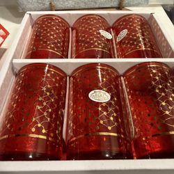 Italian Style Red and Gold Tea Tumblers Glasses or Votive Candle holders- In Original Box Set of 6