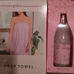 Womens Bath Wrap Towel/ Bubble Bath Bottle