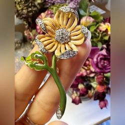 1980s Nolan Miller Peach Enameled & Rhinestone Floral Brooch