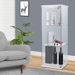 (2) lafuria 3-Shelf Glass Curio Cabinet Square Tower Countertop Display Show Case 15.7" W x 15.7" D x 47.5" H with 2 Keys White