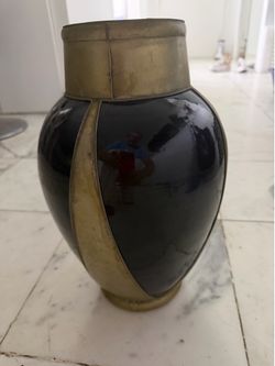 Vintage French Gloss Black Ceramic and Stainless Steel Trimmed Vase | MCM Home Decor | Art Deco | Gothic | Large Flower Vase Centerpiece