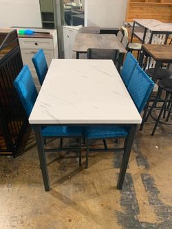 5-Piece Dining Table Set, Faux Marble Tabletop, Velvet Upholstered Chairs