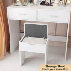 Vanity Desk Set with Large Lighted Mirror, 35.4 Inch Makeup Vanity Table with 2 Drawers, Cushioned Storage Stool, 3 Lighting Modes Brightness Adjustab