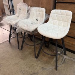 New assembled set of 3, 26 Inch White Faux Leather Counter Height Bar Stools  Diamond quilted bucket seats with backs, stationary metal legs, kitchen 