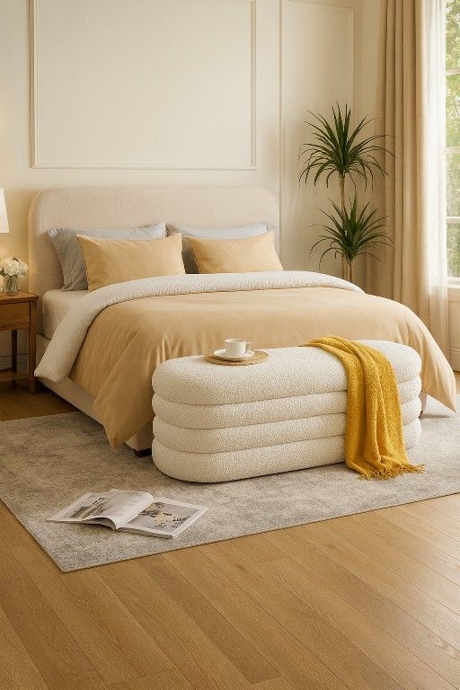 Ottoman Bench, Modern Upholstered Window Bench with Safety Hinge Lid, Oval White Ottoman for Living Room, Bedroom End of Bed