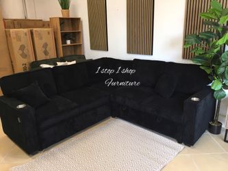 Convertible sectional sofa with pull-out bed & storage black corduroy
