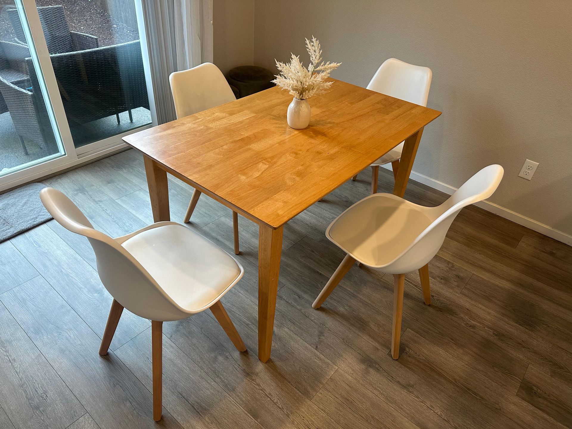 Brown Table and 4 White Chairs with Padding