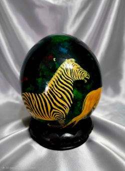 Ostrich Egg Hand Painted African Village Vintage Wit Unique Wooden Holder