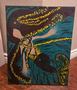 Original Deep Ocean Mermaid Canvas Painting – Acrylic Art with Yellow Accents