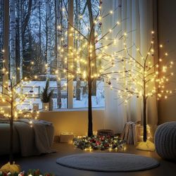 3 Pack Birch Tree with LED Lights 4FT 5FT 6FT, Black Prelit Christmas Tree Set, Lighted Artificial Trees for Indoor Outdoor Christmas Wedding Party De