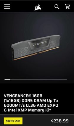 VENGEANCE® 16GB (1x16GB) DDR5 DRAM Up To 6000MT/s CL36 AMD EXPO & Intel XMP Memory Kit