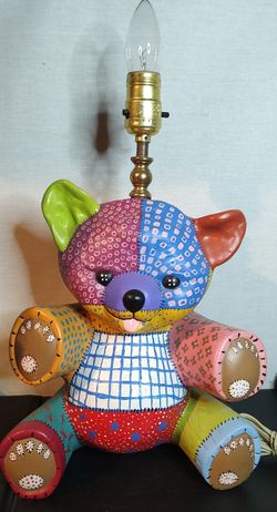 Vintage Ceramic painted Patchwork Bear Table Lamp