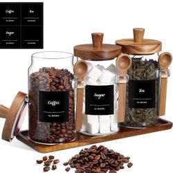 (7777-18)  3 Pcs Glass Coffee Container with Wooden Lid Spoon Shelf Labels Coffee Container Clear Airtight Jars Food Storage Canisters for Suga