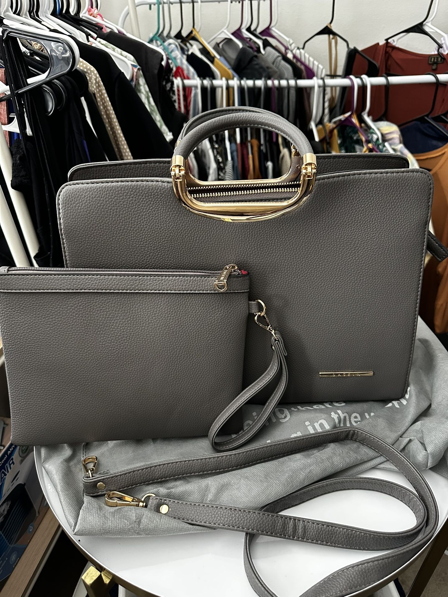 Grey Computer Bag W Red And Gold Accent/hardware