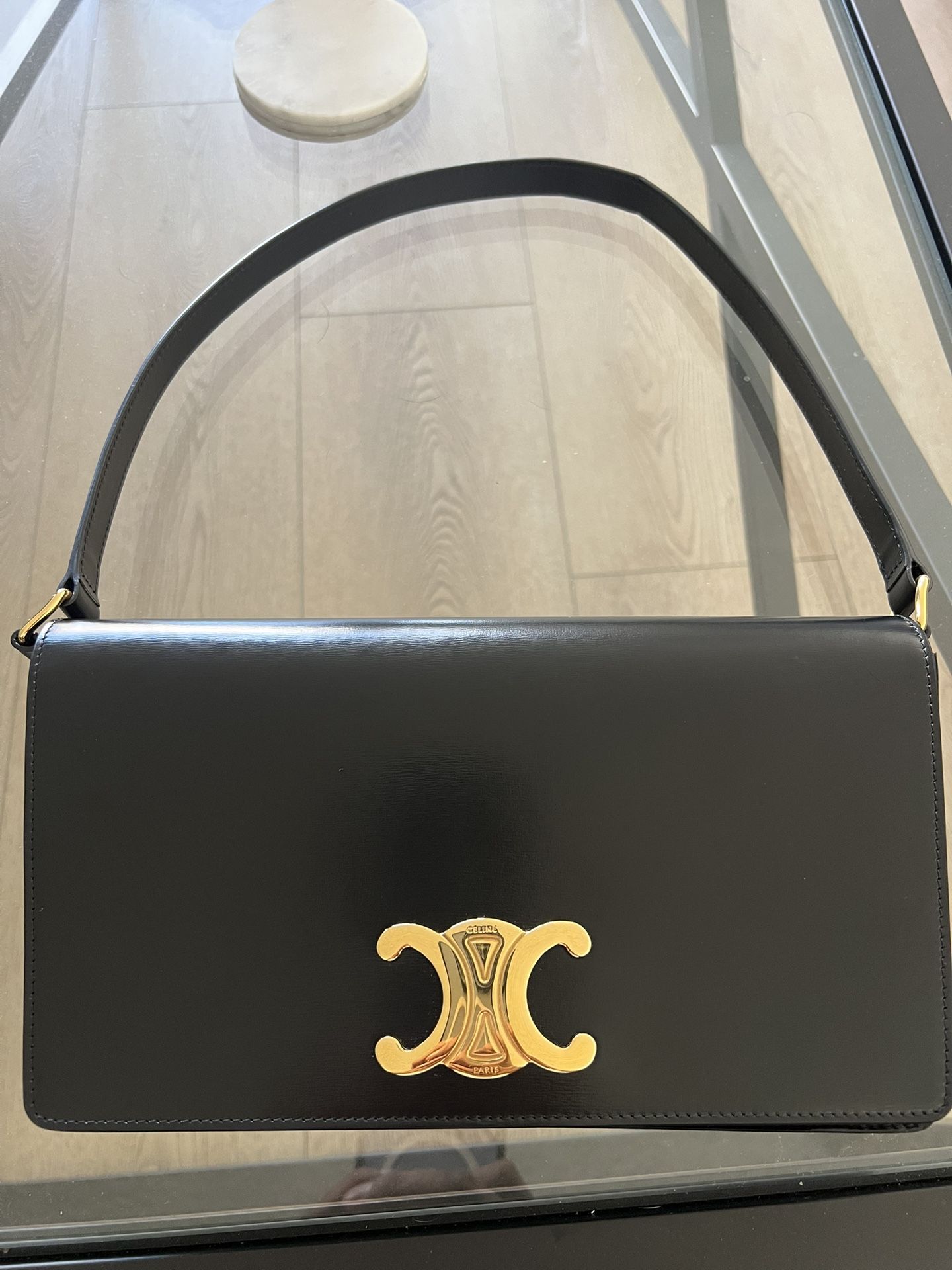 CELIN Trapeze Triomphe Bag - Black Shiny Calfskin, Clutch