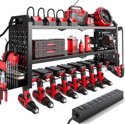 32”Power Tool Organizer with Charging Station Wall Mount, Built in 8 Outlet Surge Protection. Black