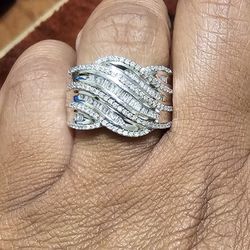 9.25 Sterling Silver & Diamond Ring( Baguettes & Rounds) Size 7