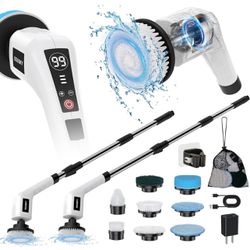 Electric Spin Scrubber, Shower Scrubber Electric Cleaning Brush with Battery Display Screen, 140Mins Work Time 8 Brush Heads 3 Speeds 3 Adjustable Lon